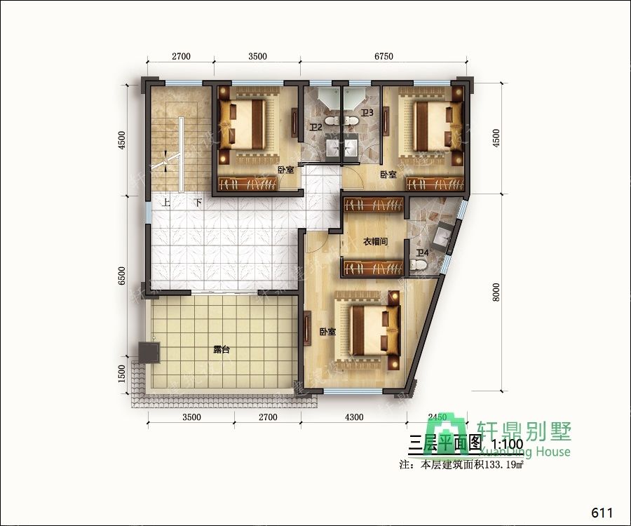 農(nóng)村三層帶車庫自建別墅設(shè)計圖正三層平面.jpg