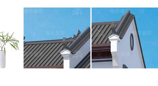 整體造型方正有序，青灰瓦鋪面屋頂古典韻味十足，搭配同色系仿石材外墻和紅棕色的窗柱門欄，處處透露著東方古典的清雅意境!