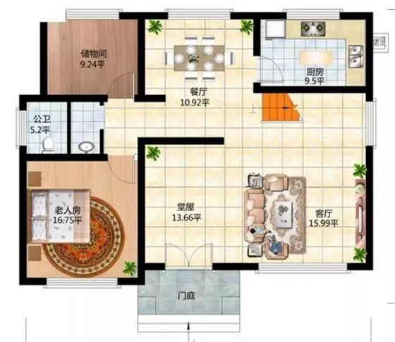這款別墅根據(jù)農(nóng)村居住習(xí)慣設(shè)有堂屋神位，將品質(zhì)生活與傳統(tǒng)習(xí)俗相結(jié)合，適合廣大地區(qū)建造。