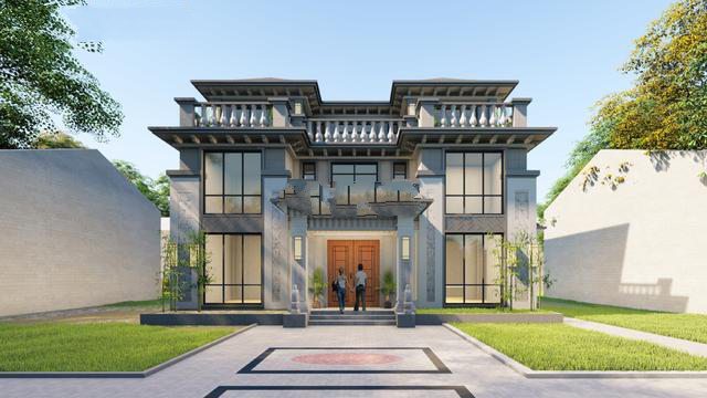 建筑為新中式風(fēng)格，整體色調(diào)以簡(jiǎn)潔的高級(jí)灰為主，與周邊環(huán)境相呼應(yīng),新中式別墅外觀更加寬敞，美麗的風(fēng)景盡收眼底！