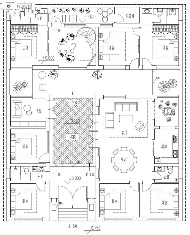 　別墅設(shè)計(jì)：一層緊湊型四合院，面積利用率高，適合在農(nóng)村地區(qū)修建。