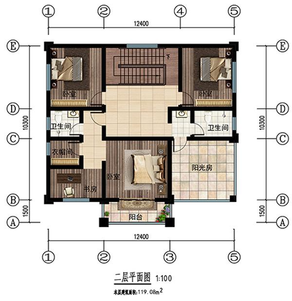 這座12.411.8米的2層別墅是設(shè)計(jì)師眼中的完美住宅類型，是一座實(shí)用而又美麗的鄉(xiāng)村住宅。