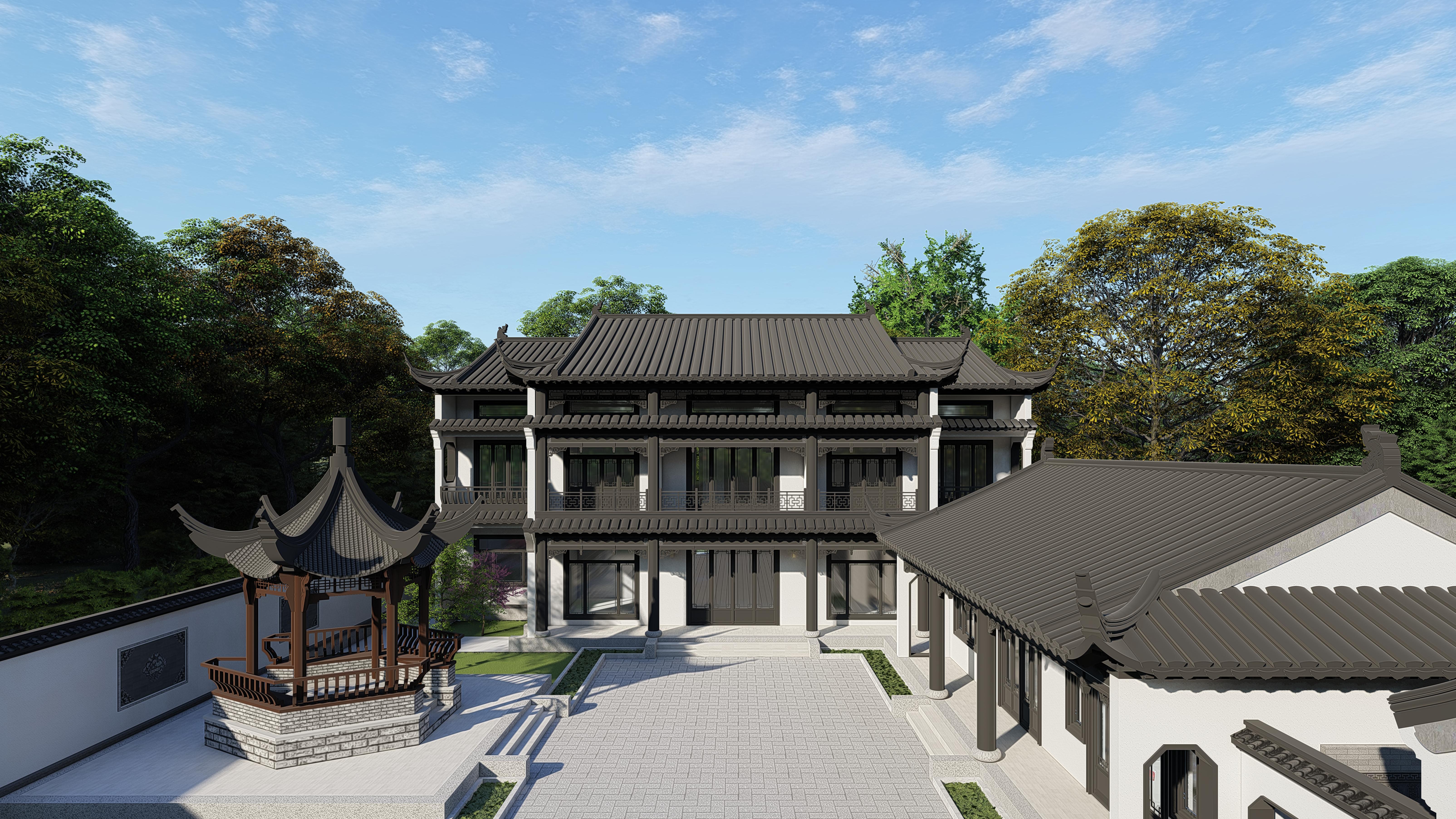 中式鄉(xiāng)村二層別墅建筑圖，帶院子的鄉(xiāng)村二層別墅設(shè)計(jì)分享