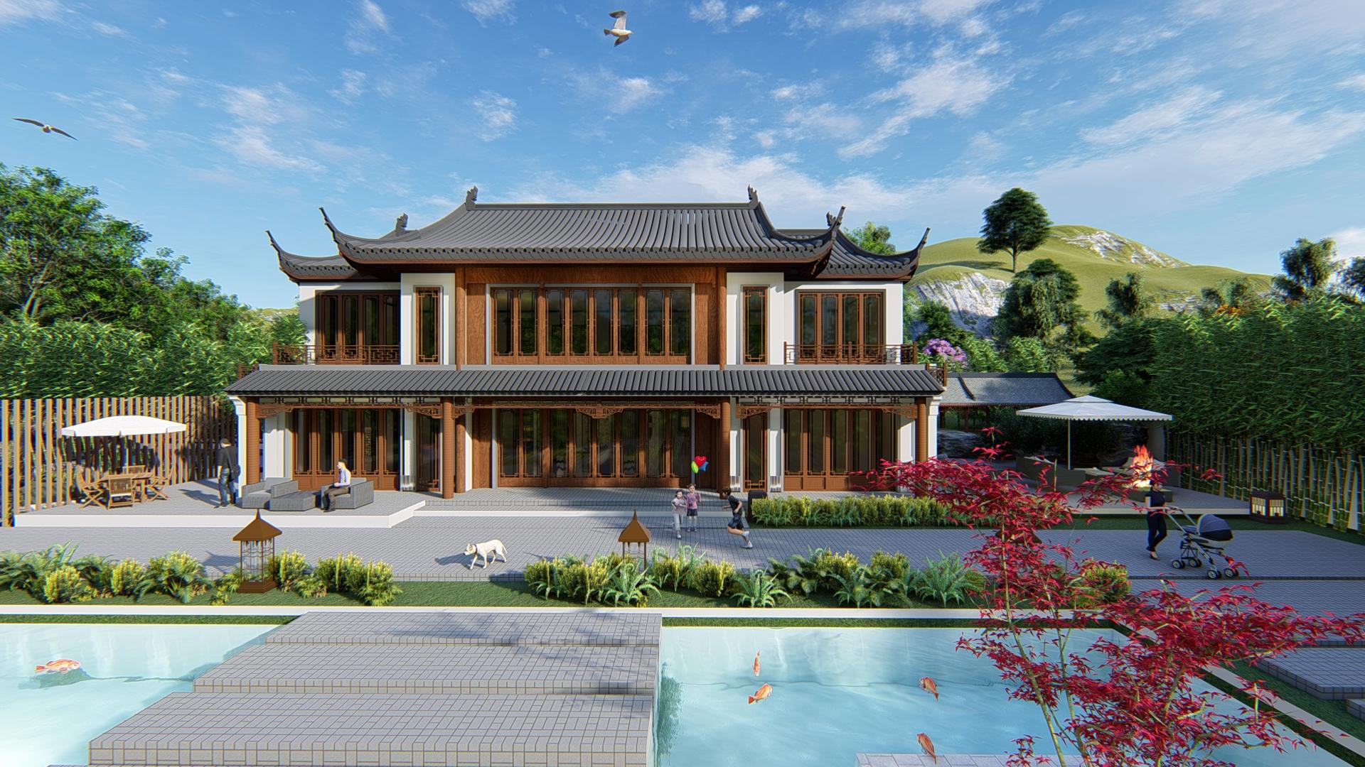 新中式二層鄉(xiāng)村建房設(shè)計圖，20.24*11.34鄉(xiāng)村舒適戶型建房設(shè)計圖