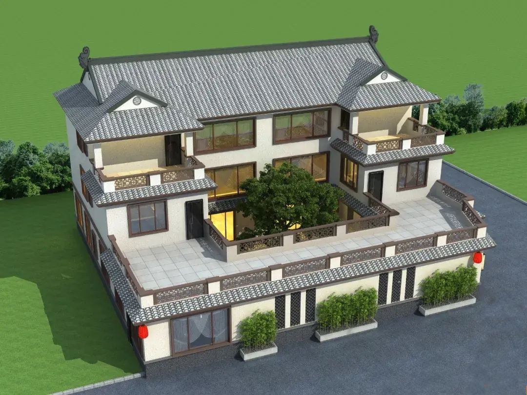三層雙拼新中式房屋設計圖紙，農村房屋設計效果圖紙